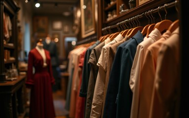 A boutique filled with elegant vintage clothing displays, highlighting a variety of styles and textures.