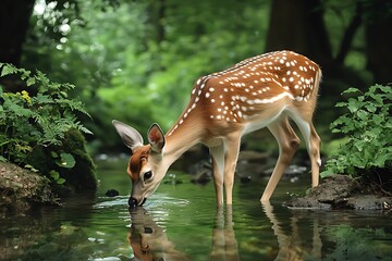 Fawn drinking water in serene forest stream nature photography natural habitat close-up