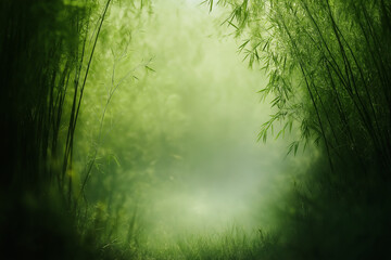 Tranquil bamboo forest with soft light and mist during Qingming