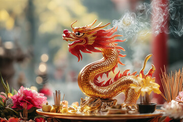 Fototapeta premium Intricate red and gold dragon symbol at Qingming Festival display