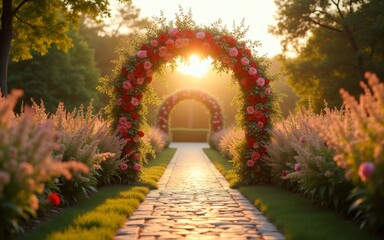 Fototapeta premium A serene garden pathway with floral arches and golden sunlight filtering through, creating a magical atmosphere.