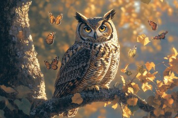Majestic owl perched on tree branch surrounded by butterflies in autumn foliage