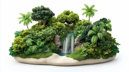 Miniature Tropical Island With Waterfall And Lush Greenery