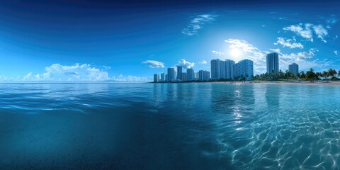 Fototapeta premium Breathtaking Panoramic View of Downtown Miami Skyline Against a Serene Blue Bay