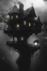 Obraz premium Enchanted Tree Abode: A Dreamy Adventure in a Bright, Dark World