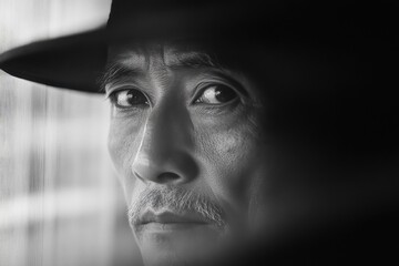 close-up black and white portrait of a man in a hat