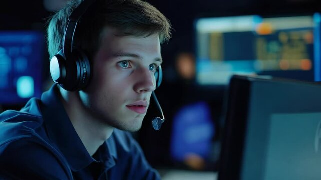 A young man wearing a headset intensely working on a computer in a dimly lit tech environment - Powered by Adobe
