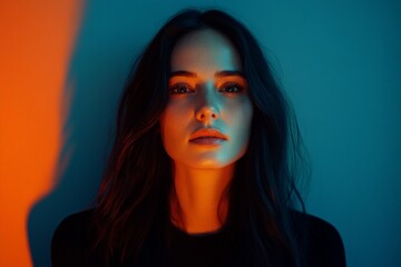Captivating portrait of a woman illuminated in vibrant colors against a dark backdrop