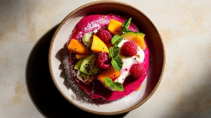 Delicious and healthy gourmet breakfast. Thin pancakes with fruits, berries and flowers.