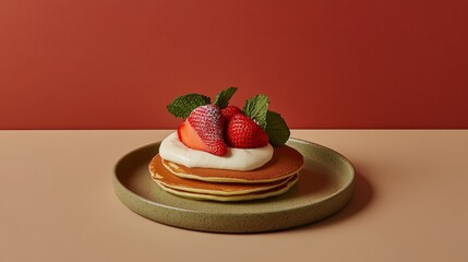 Delicious and healthy gourmet breakfast. Thin pancakes with fruits, berries and flowers.