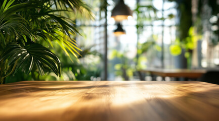 Wooden table for displaying products or advertising with a background of leaves, trees and natural plants in the living room. product display and background advertising
