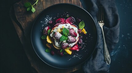 Delicious and healthy gourmet breakfast. Thin pancakes with fruits, berries and flowers.