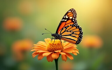 Fototapeta premium A vibrant butterfly perched delicately on a bright orange flower, showcasing nature's beauty.