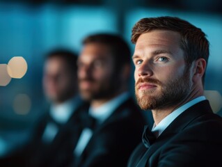 men in formal wear posing in front of a city skyline