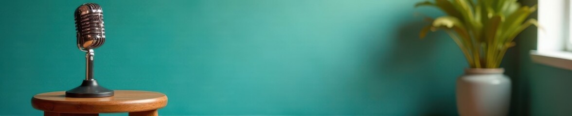 Classic microphone placed on a small wooden table in front of an aquamarine painted wall with a warm and cozy atmosphere, classic music gear, cozy room