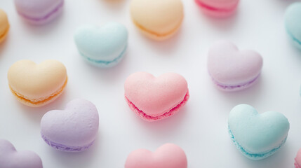 Fototapeta premium colorful macaroons on a table, heart-shaped pink and red macarons, Valentine's day, dessert