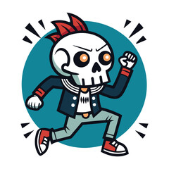 Cartoon punk skeleton character with mohawk running with determined expression