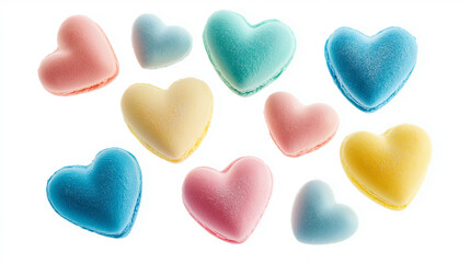 Obraz premium colorful macaroons on a table, heart-shaped pink and red macarons, Valentine's day, dessert