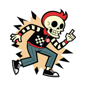Cartoon skeleton character in retro ska clothing with checkerboard design