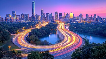 Fototapeta premium Captivating Cityscape at Dusk: Vibrant Skyline, Illuminated Highway, and Serene River. A Breathtaking Night View of Urban Marvels and Natural Beauty
