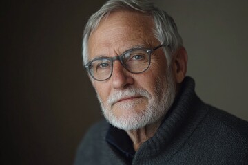 Obraz premium Older man with glasses, gray hair, and beard looking thoughtfully at the camera in a softly lit room