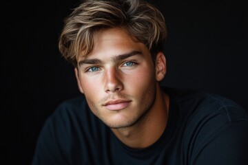 Obraz premium Young man with striking blue eyes and tousled hair poses against a dark background in a close-up shot
