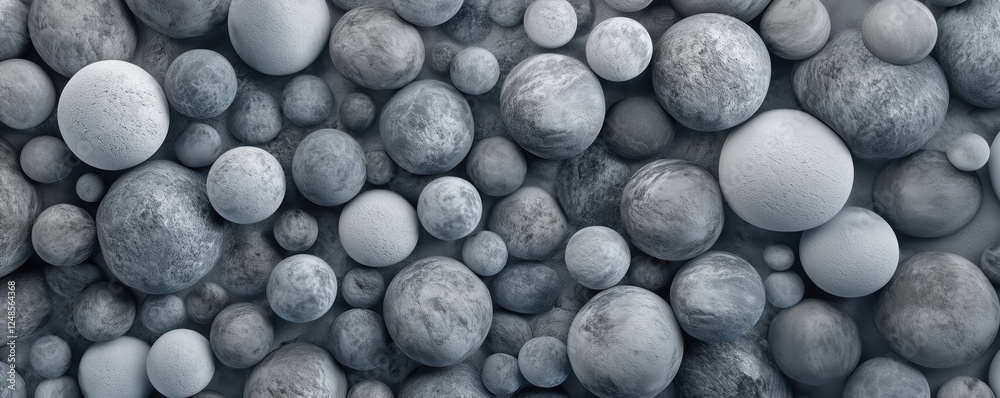 Poster abstract composition of spherical shapes in various sizes and textures, showcasing a monochromatic p