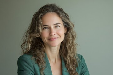 Obraz premium Portrait of a confident woman with wavy hair, showcasing a warm smile against a neutral background