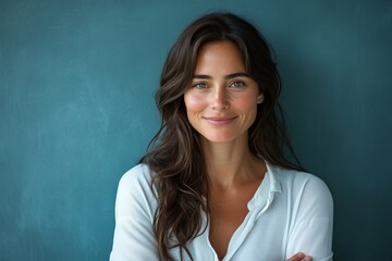 Fototapeta premium Smiling woman with long dark hair poses confidently against a textured blue background