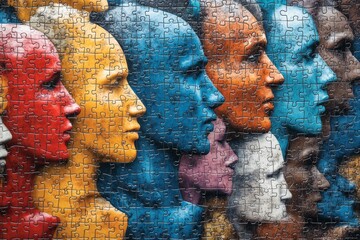 Colorful puzzle artwork featuring diverse human profiles in a creative arrangement, showcasing...