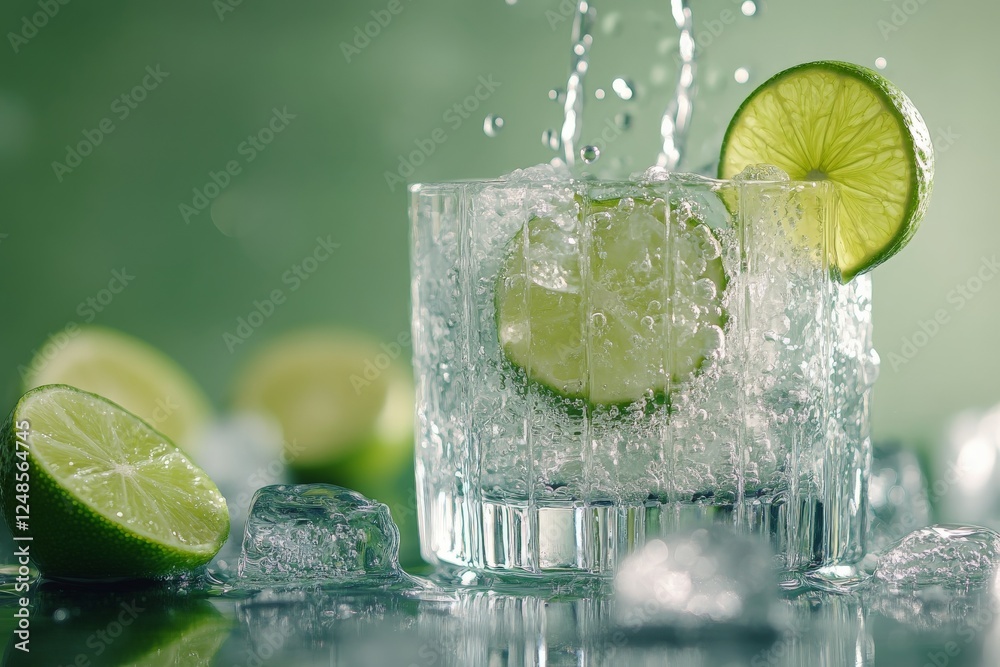 Poster Refreshing drink with lime slices and ice cubes splashing in a clear glass