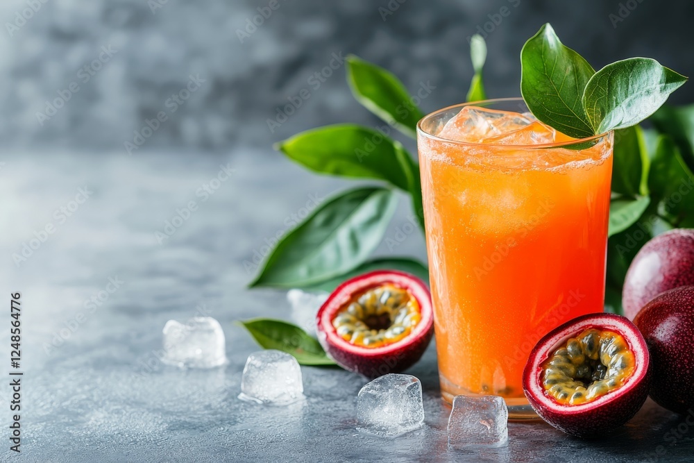 Poster refreshing passion fruit drink with ice and fresh leaves on a textured surface