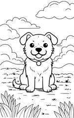 Black and white simple line art illustration of a cute Dog sitting and smiling, perfect for kids coloring books.