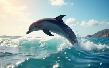 Obraz premium A dolphin leaps joyfully above the ocean waves under a bright blue sky.
