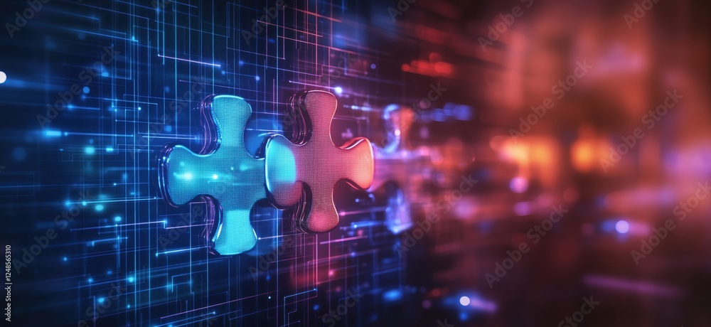Poster digital puzzle pieces connecting in a vibrant, futuristic environment with glowing lines and abstrac