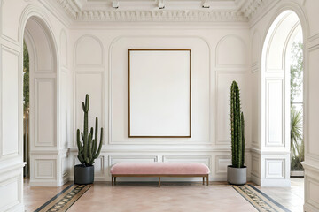 A minimalistic interior featuring a pink bench, cacti, and an empty frame against white walls, accentuated by elegant architectural details.