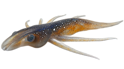 Spotted Bobtail Squid Close-up: A detailed studio shot of a spotted bobtail squid, showcasing its unique speckled skin, large eyes, and delicate tentacles. 