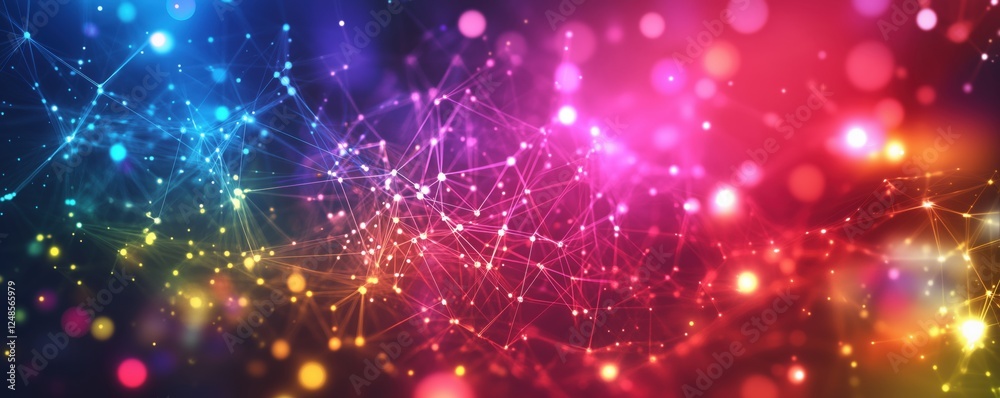 Poster colorful abstract background with glowing lights and interconnected lines, representing digital tech