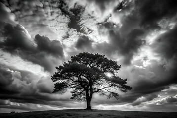 Obraz premium A solitary tree stands against a dramatic black-and-white sky, with swirling clouds creating a moody and atmospheric backdrop.