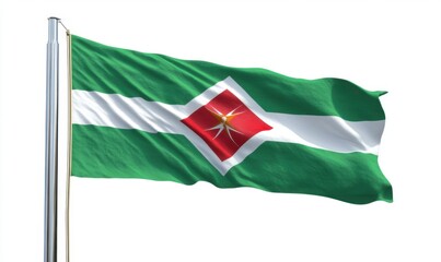 Waving flag, green stripes, central diamond symbol, outdoors, clear sky, patriotic symbol, website use