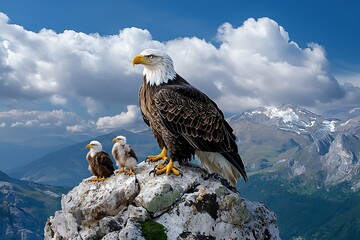 Majestic bald eagle family nesting in rocky mountains nature photograph scenic landscape