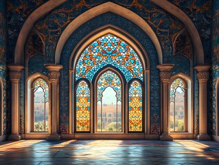 Obraz premium Elegant Arched Windows with Stained Glass Illuminating a Vibrant Room