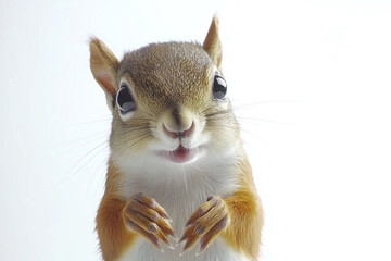 Obraz premium A close-up portrait of a red squirrel looking up, with its arms clasped, against a white background.