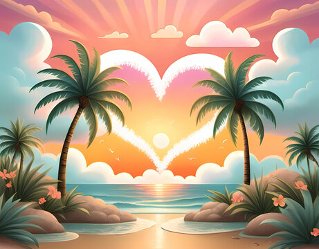 A tropical love greeting card with palm trees and sunset. Generative AI