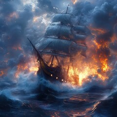 Burning Galleon in Tempestuous Seas: A Digital Masterpiece
