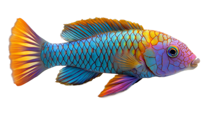 Rainbow Parrotfish: An iridescent rainbow parrotfish with vibrant blue, yellow, and orange scales, a purple head, and orange fins.  It swims with a graceful motion against a neutral background.