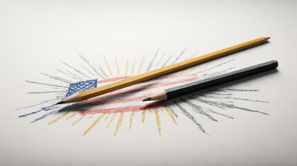 Colored pencils with American flag sketch on textured paper for art and creativity
