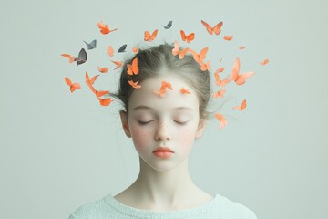 a young girl surrounded by butterflies