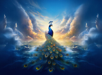 A majestic peacock stands amidst a breathtaking celestial background.  Golden light streams through dramatic clouds, reflecting on the water below.  Its vibrant plumage is striking 