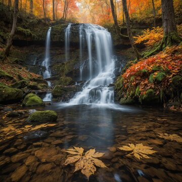 "Majestic waterfall cascading through a vibrant autumn forest, surrounded by golden, orange, and crimson foliage. Mist rises from the waterfall, catching the soft sunlight and creating a subtle rainbo